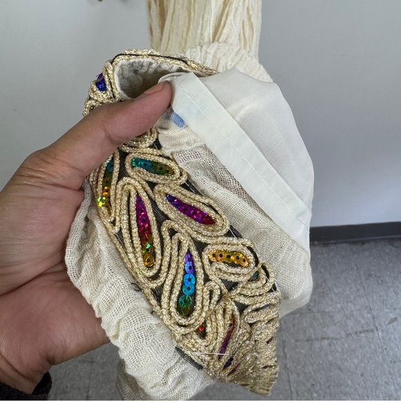 Vintage Ethiopian Cream Boho Maxi Dress Beaded Sequin Embroidered Ethnic - Picture 7 of 15